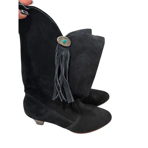 Vintage Pinwheels Western Black Suede BootsTurquoise Fringe Size 8.5 Cowboycore - Picture 2 of 7